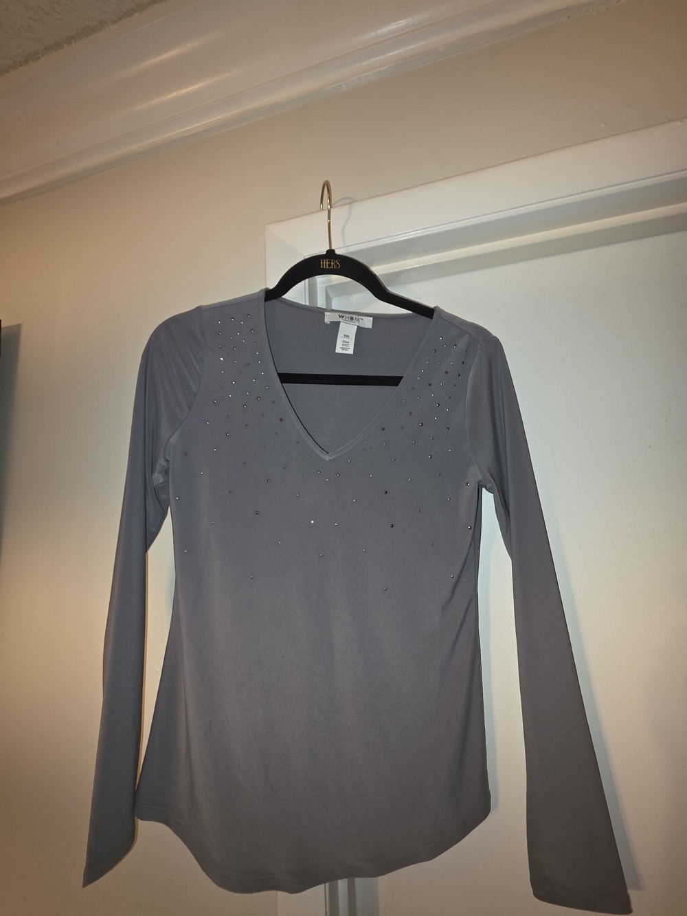 White House Black Market Gray Long Sleeve V-Neck Top with Stud Accents